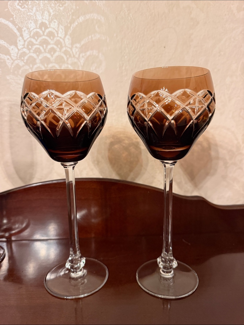 Pair Vintage Cut to clear Glass Wine Goblets
